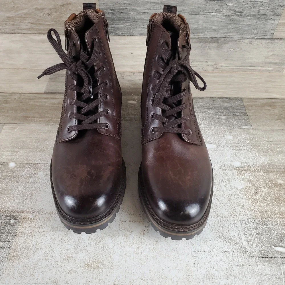 Steve Madden Saal Men Ankle Boot Sz 9 D Brown Leather Lace Up Side Zip Round Toe